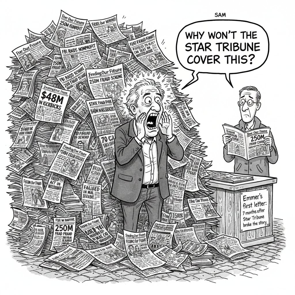 Political cartoon: A man standing in a mountain of newspapers with Feeding Our Future fraud headlines, shouting 'Why won't the Star Tribune cover this?' while a bystander reads one of the hundreds of copies.